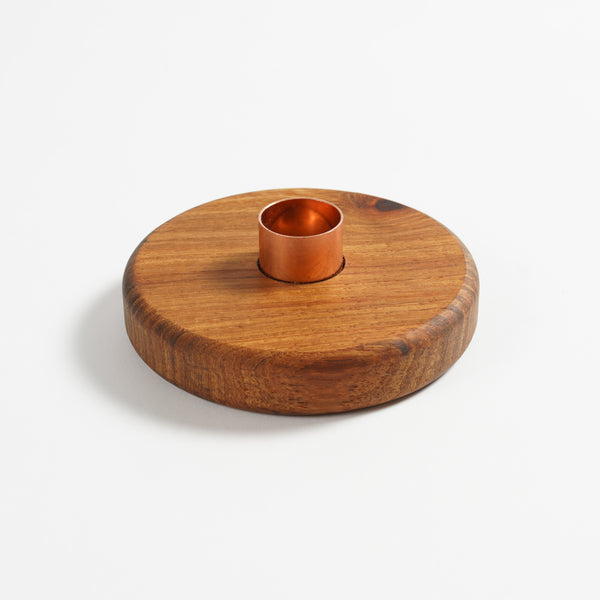 round wooden candle holder with copper insert