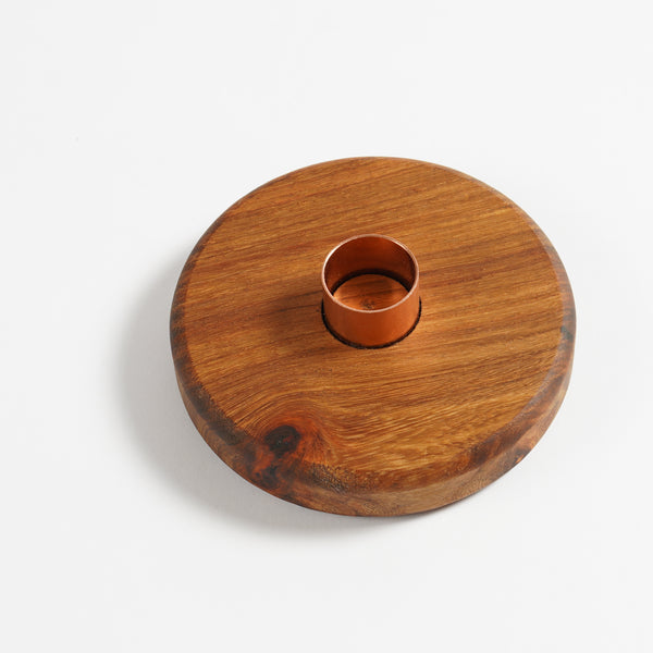 round wooden candle holder with copper insert