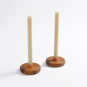 round wooden candle holder with copper insert